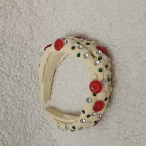 Handmade Embellished Cream Headband with Red and Green Accents